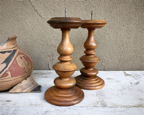 19th Century Hand Turned Wood Spindle Candle Holders With
