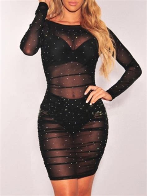 Sheer Mesh Rhinestone Embellished Ruched Bodycon Dress Bodycondresslongsleeve Bodycon Outfits