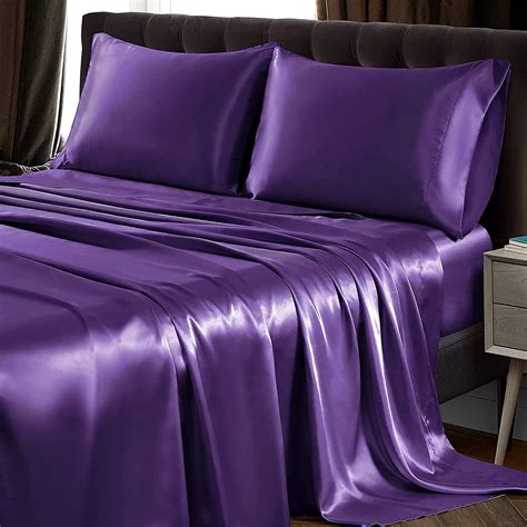 Amazon Com SiinvdaBZX Pcs Satin Sheet Set King Size Ultra Silky Soft Purple Satin King Bed