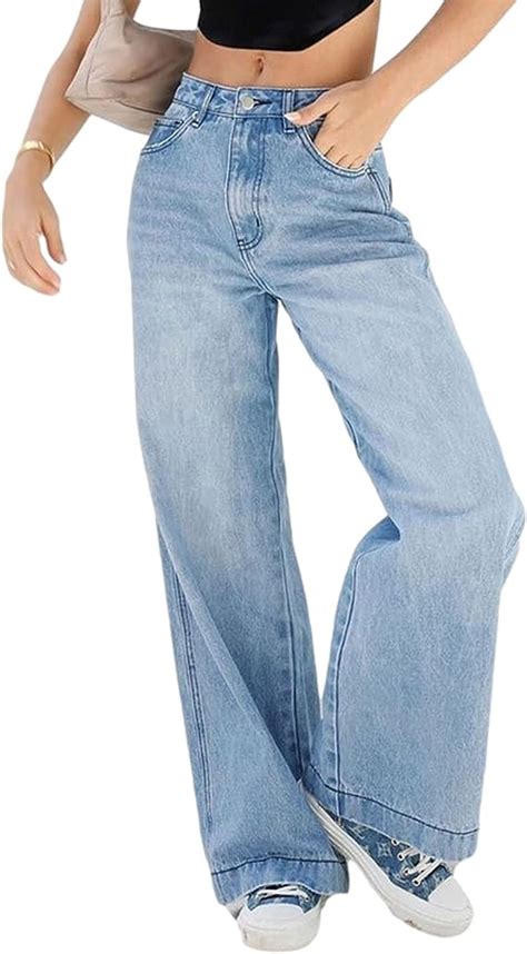 women s wide leg baggy denim jeans casual mid waisted straight pants