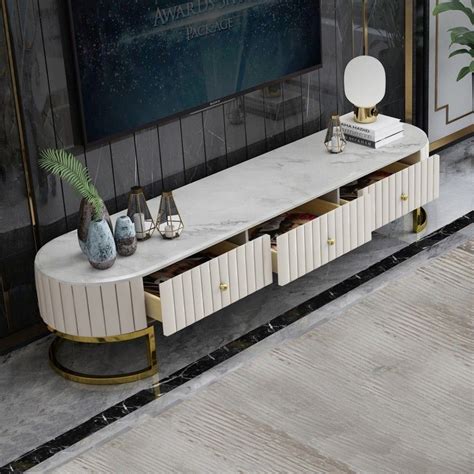 White tv stand with gold handles. Modern Oval 79" TV Stand Gold Metal Faux Marble Top Media ...
