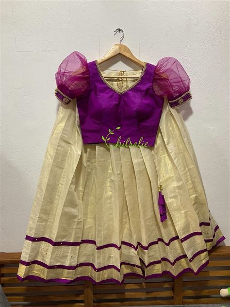 Kerala Tissue Gold Kasavu Skirt With Purple Choli Kerala Traditional Pattupavadai Onam Vishu
