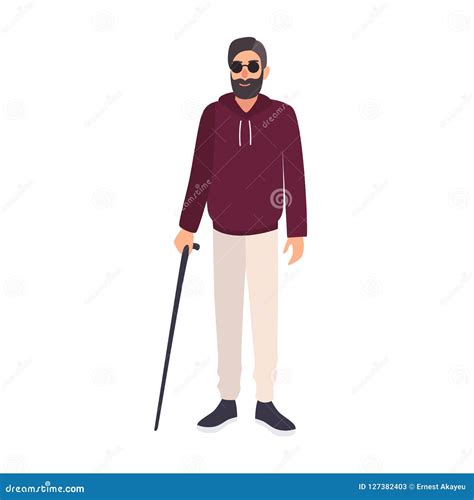 Blind Man Wearing Sunglasses And Holding Cane Isolated On White