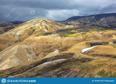 Beautiful And Colorful Mountain Landscape In Landmannalaugar Iceland