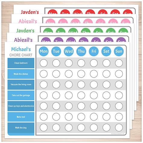 Personalized Chore Chart Bundle 5 Colored Weekly Pages Printable At