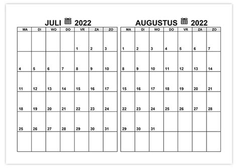 Kalender Juli Augustus 2022