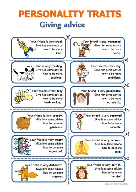 Enduring characteristics that describe an individual's behavior. Personality traits - Giving advice worksheet - Free ESL ...