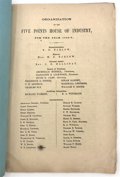 Organization Of The Five Points House Of Industry For The Year 1862 63