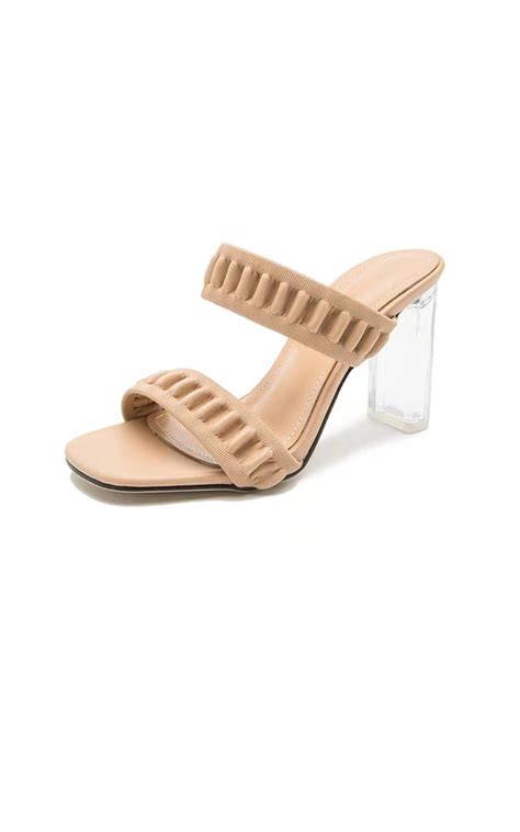 Pleated Strap Clear Lucite Block Heel Mule Sandals In Nude Fs Collection London