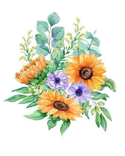 Sunflowers Watercolor Clip Art Realistic Flower Summer Herb Etsy Uk