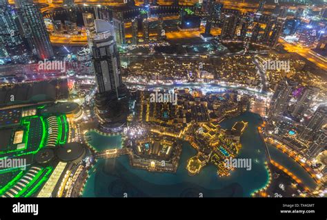 Burj Khalifa Lake And Souq Al Bahar At Night Hi Res Stock Photography