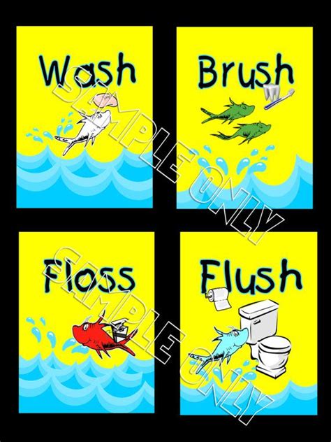 Kids' & teens' bathroom accessory sets. Dr Seuss One Fish Two Fish Bathroom Wall Art Prints Wash ...