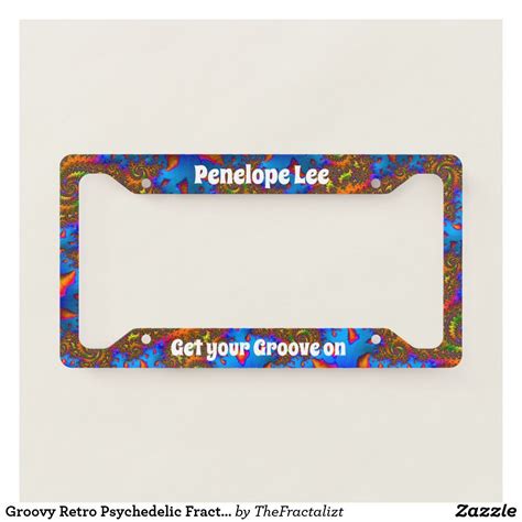 Groovy Retro Psychedelic Fractal Art And Your Name License Plate Frame