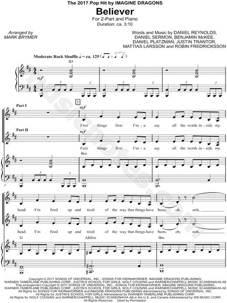 Imagine Dragons Believer Arr Mark A Brymer 2 Part Choir Piano