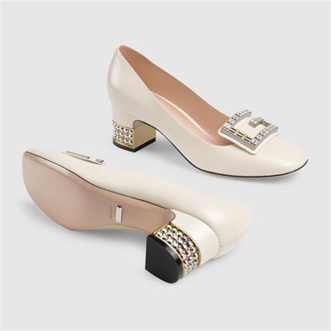Leather Mid Heel Pump With Crystal G In Vintage White Leather Gucci
