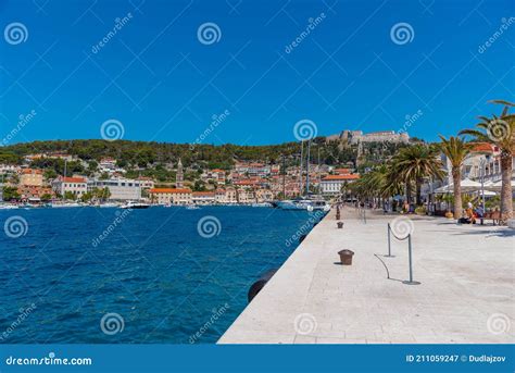 People Are Strolling At Waterfront Of Hvar Town In Croatia Stock Image