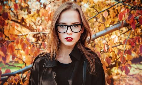 Wallpaper Leaves Model Portrait Women With Glasses Red Lipstick Sweater Fashion Spring