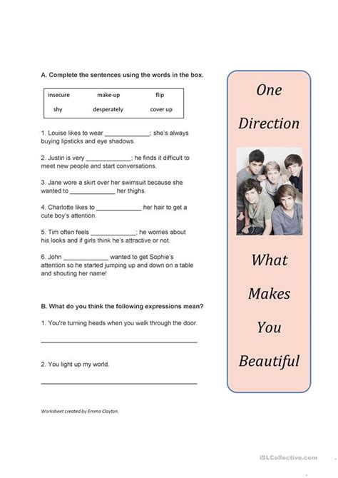 You're insecure, don't know what for one direction: Song Worksheet: What Makes You Beautiful by One Direction ...