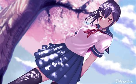 Black Hair Cherry Blossoms Clouds Lnan0 Red Eyes Seifuku Signed Sky