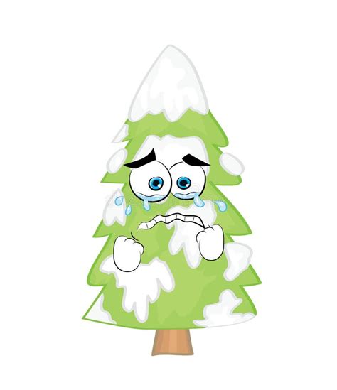 Crying Cartoon Illustration Of Christmas Tree With A Snow On It Stock