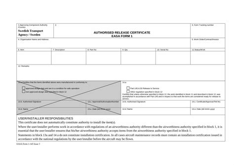 Easa Form 1 Issue 3 Authorised Release Certificate Pdf Document