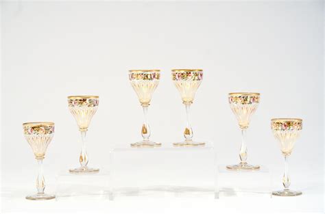 Set Of 6 Moser Dessert Wine Goblets With Polychrome Florals And Gold Decoration Goblets