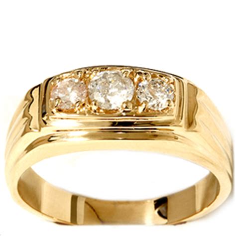 Mens 34ct Three Stone Diamond Wedding Anniversary Ring 14k Yellow Gold