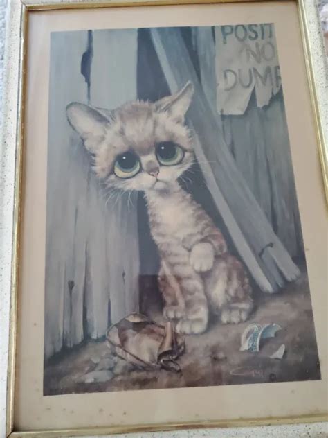 Vintage 1960s Gig Pity Kitty Litho Print Big Sad Eye Cat 15 X 11