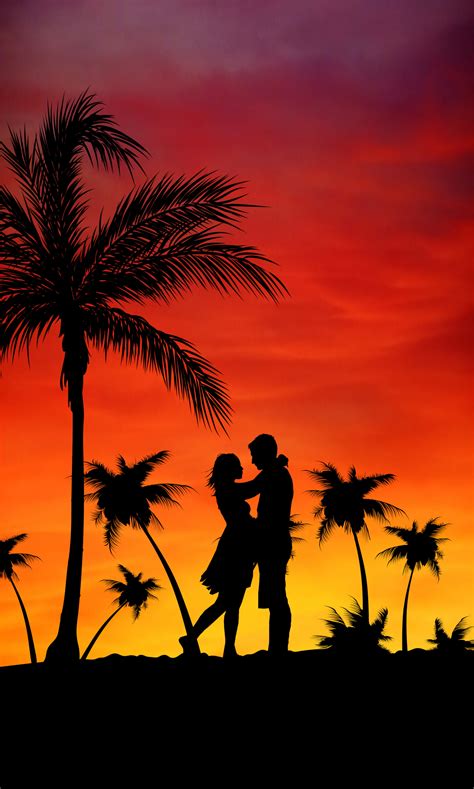 Silhouette Of Couple Surrounded By Palm Trees Painting Hd Wallpaper