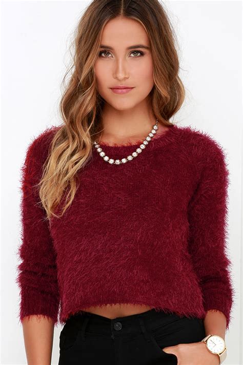 Cute Wine Red Sweater Fuzzy Sweater Cropped Sweater 5995 Lulus