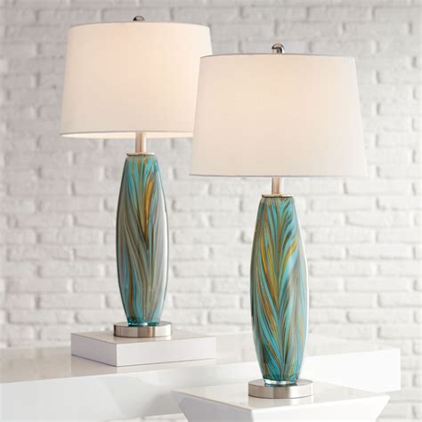 360 Lighting Azure Modern Table Lamps 29 1 2 Tall Set Of 2 Blue Brown Art Glass White Fabric