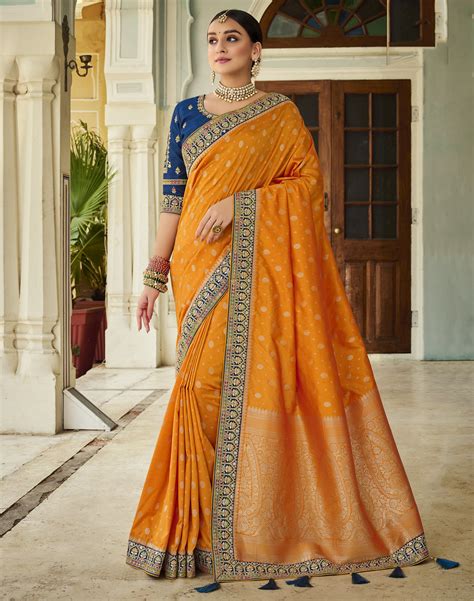 Orange Silk Jacquard Woven And Embroidery Lace Border Saree With Embroidery Blouse Brithika