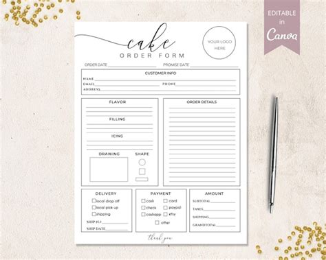 Cake Order Form Editable Bakery Order Form Printable Small Etsy
