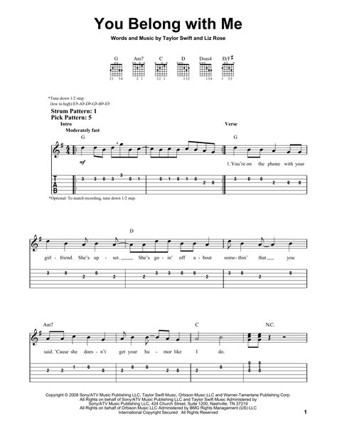 You Belong With Me Sheet Music Taylor Swift Easy Guitar Tab