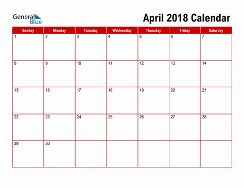 Basic Monthly Calendar April 2018
