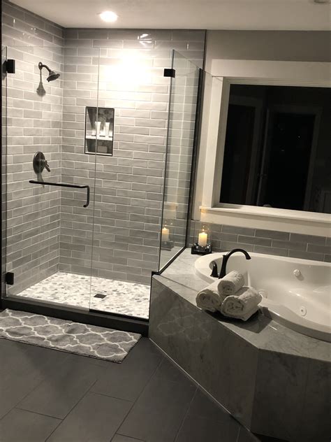New Tile Shower And Corner Tub With Polished Marble Deck Slate Floors Bathroom Remodel Master