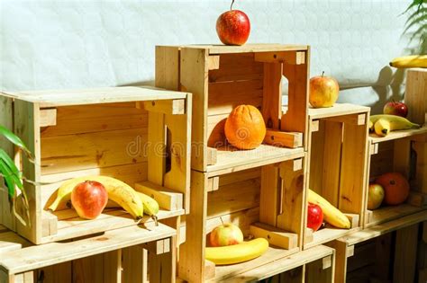 Bananas Oranges Apples In Wooden Boxes Selling Fresh Fruit In Stock