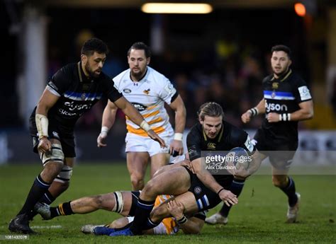 Max Clark Of Bath Rugby Is Tackled By Brad Shields Of Wasps During
