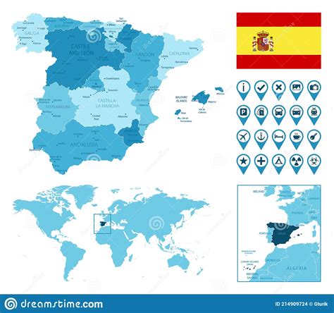 España Detallado Mapa Azul Administrativo Con Bandera Del País Y Ubicación En El Mapa Del Mundo