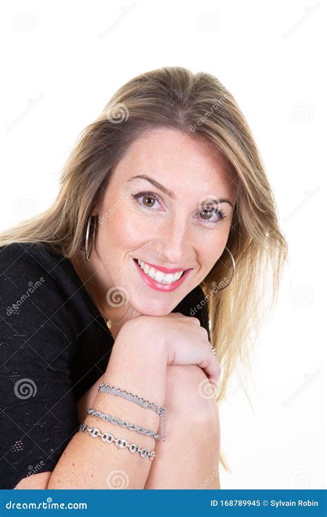 Joyful Young Beautiful Woman Laughing Posing Camera Shot On White