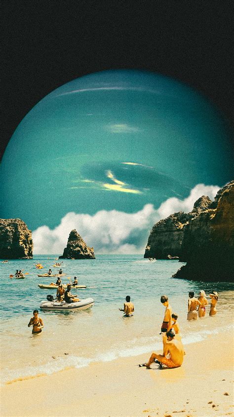 Space Beach Clouds Collage Holiday People Planet Retro