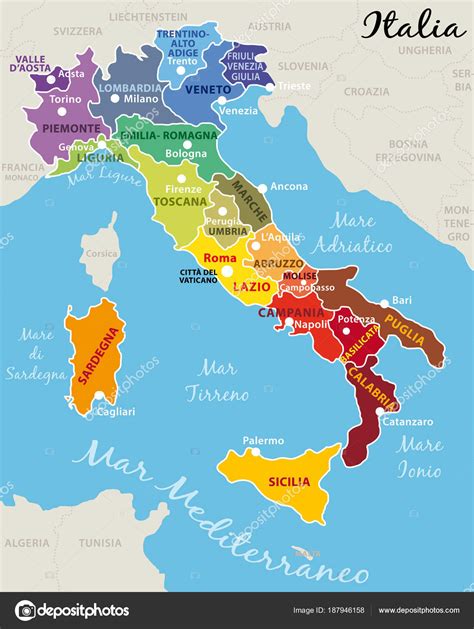 Belle Colorée Carte Litalie Avec Les Régions Italiennes Les Capitales