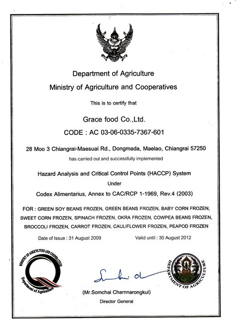 Grace Food Company Limited Haccp Certificate