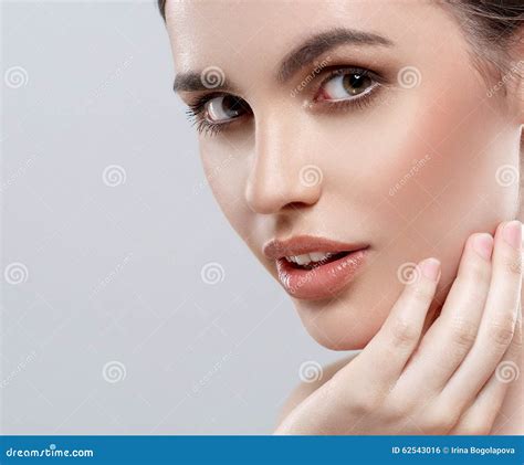 Beautiful Woman Face Studio On White With Lips Gray Background Stock