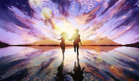 Hd Wallpaper Island Anime Sunset Anime Girls Holding Hands