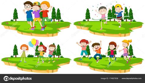 Four Scenes Of Kids Playing Games In Park — Stock Vector