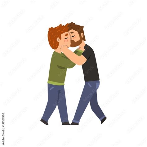 Couple Of Gay Men Embracing And Kissing Lgbt Men In Love Cartoon