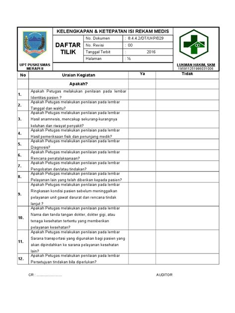 Daftar Tilik Cek List Kelengkapan Rekam Medis Pdf