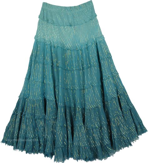 Handkerchief Hem Embroidered Teal Skirt Blue Stonewash Misses