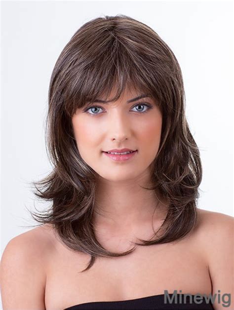 Brown 13 Inch With Bangs Wavy Monofilament Remy Human Hair Medium Wigs